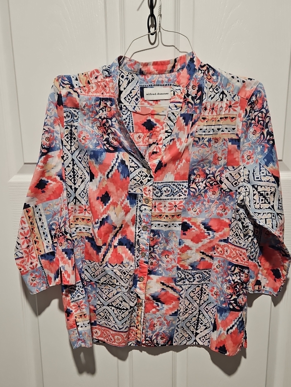 Alfred Dunner Coral and Light Blue Floral Button-Front Shirt